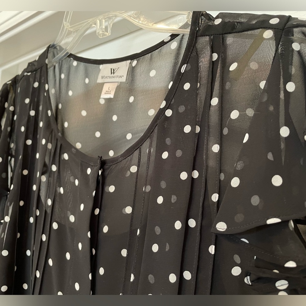 Worthington button down sheer chiffon shirt top size Large in black and white - Picture 2 of 3